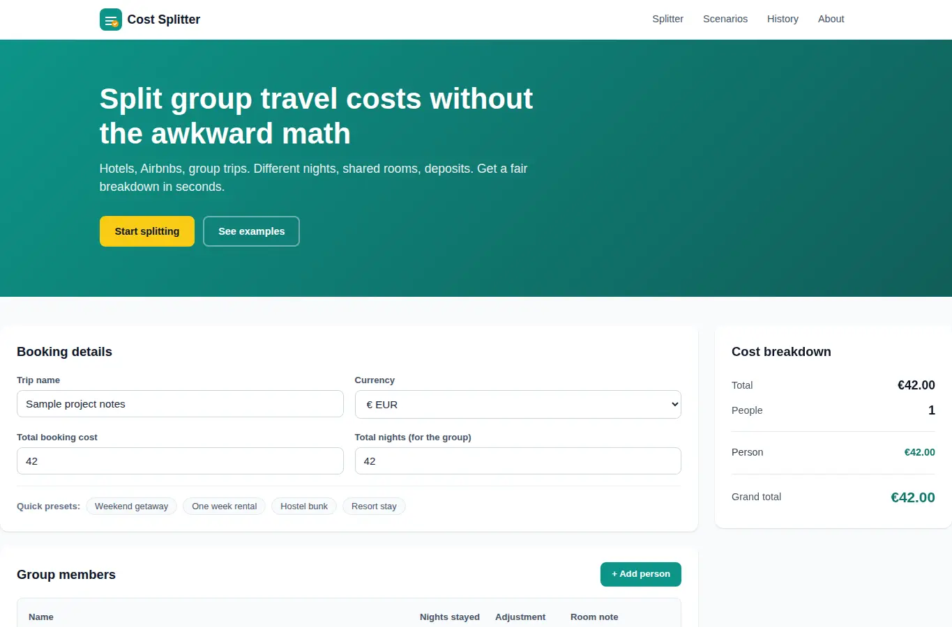 Screenshot of Small Group Booking Cost Splitter interface showing the project page in use